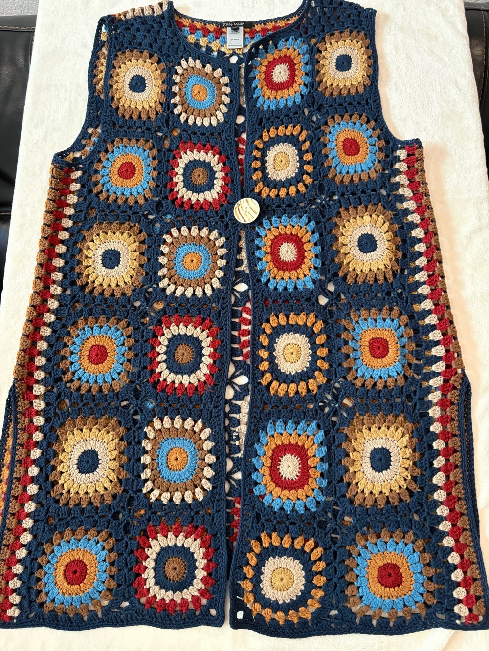 John Mark Navy Multi-Color Crochet Square Vest